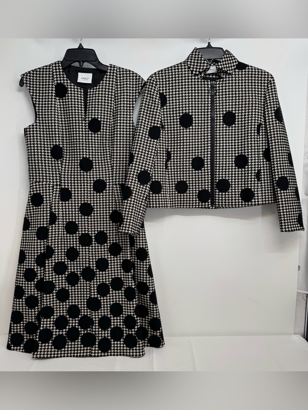 Akris Punto Sz 6 Blazer & Sz 8 Dress Black & White Dotes Houndstooth Wool Blend